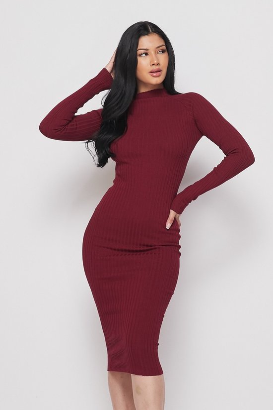 Long Sleeve Mock Neck Midi Knit Dress ...